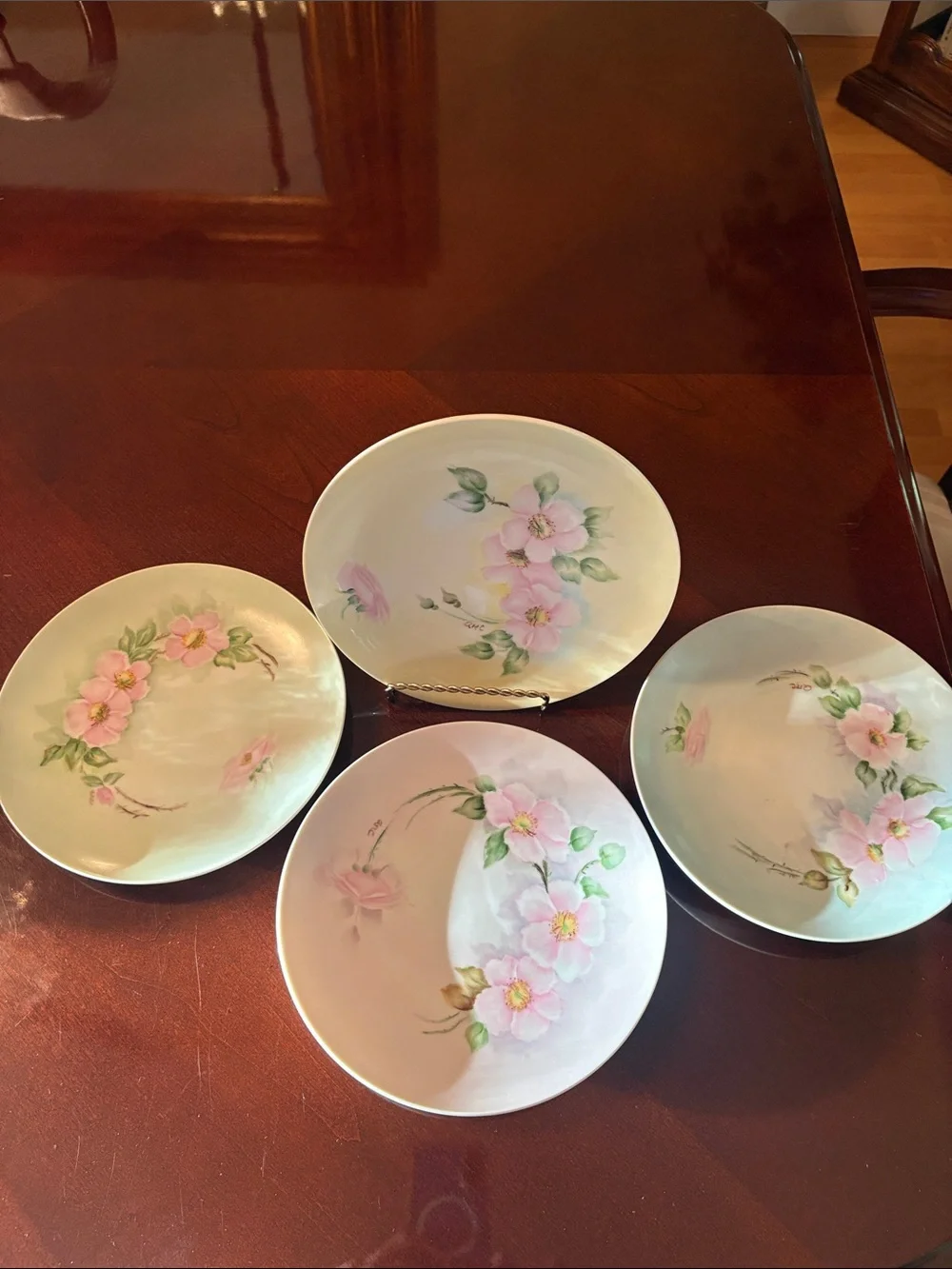 Vintage Hand-Painted Pink Floral 7 3/4”Porcelain Dessert Plates - Set of 4